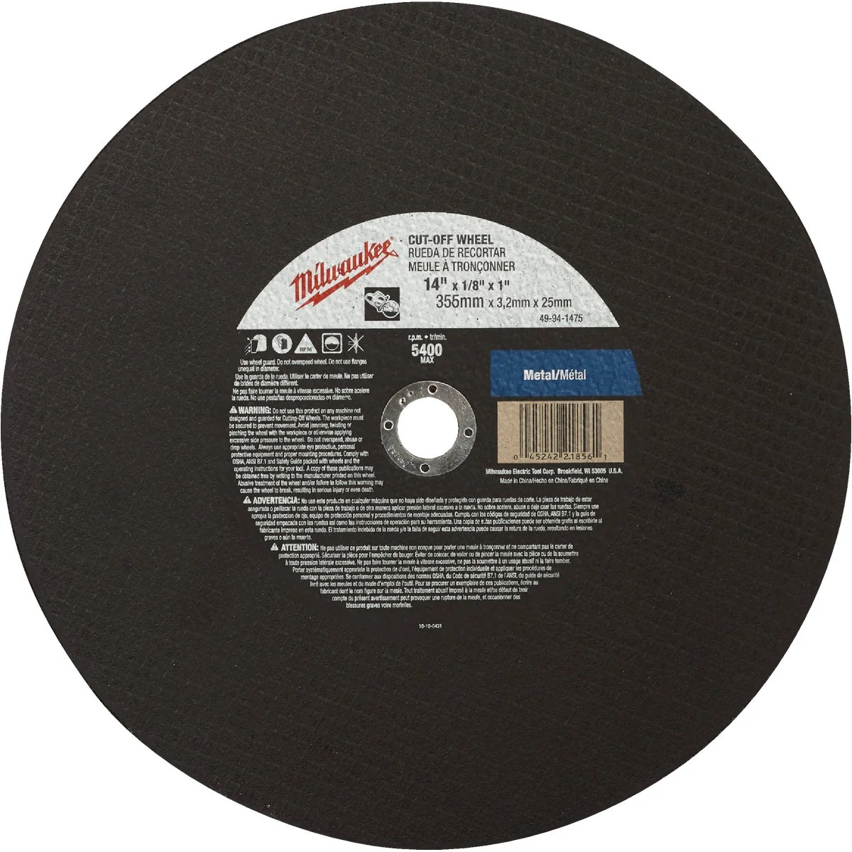 Durable Milwaukee Type 1 14 In. x 1 8 In. x 1 In. Metal Cut-Off Wheel Relaxed
