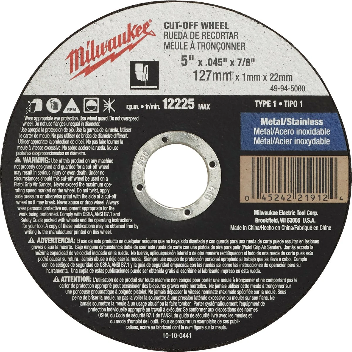 Fast Milwaukee Type 1 5 In. x 0.045 In. x 7 8 In. Metal Stainless Cut-Off Wheel Convenient