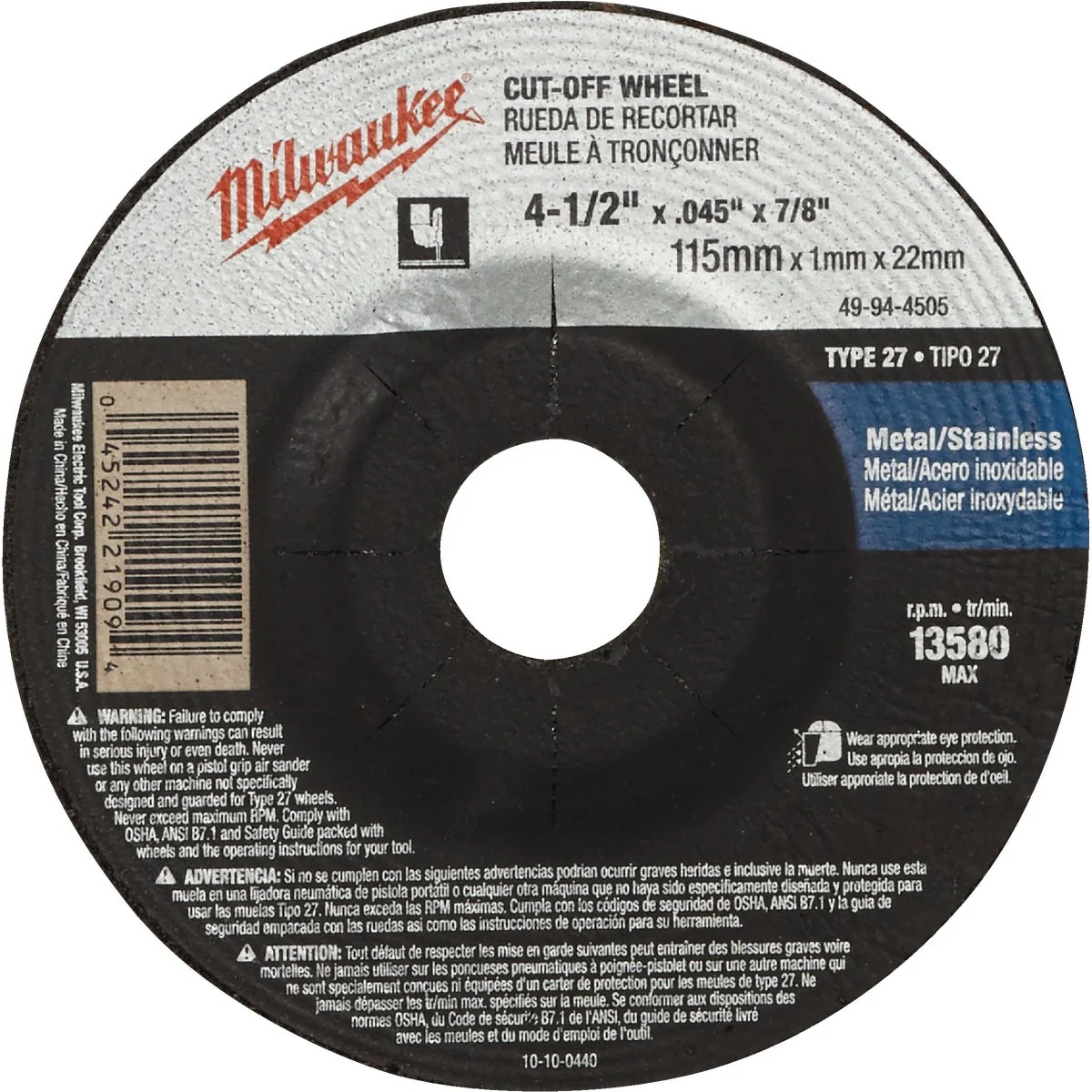 Green Milwaukee Type 27 4-1 2 In. x 0.045 In. x 7 8 In. Metal Stainless Cut-Off Wheel Fast
