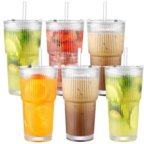 Specialty 20 oz Glass Cups with Lid and Straw 2 Set 6 Count Fast