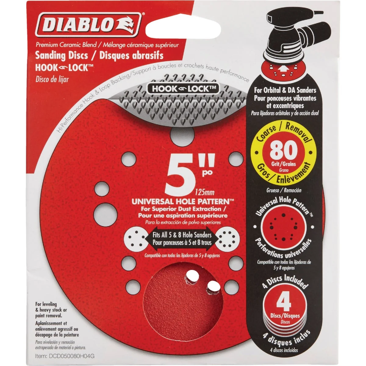 Consistent Diablo 5 In. 80-Grit Universal Hole Pattern Vented Sanding Disc with Hook and Lock Backing 4-Pack Quality