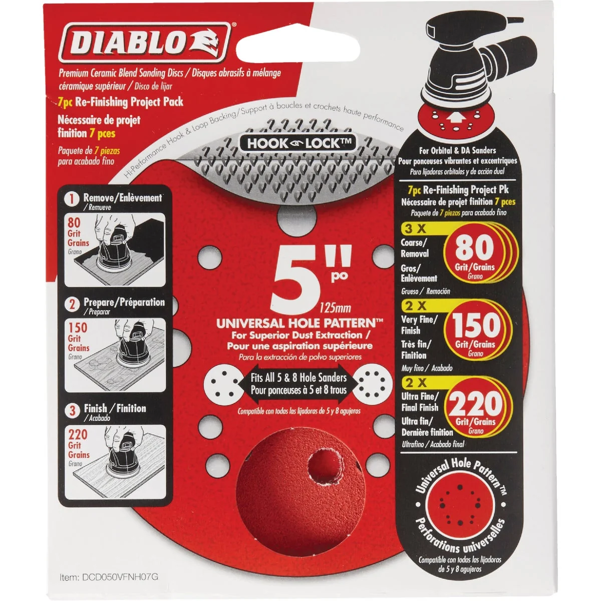 Detailed Diablo 5 In. Assorted 80 150 220-Grit Universal Hole Pattern Vented Sanding Disc with Hook and Lock Backing 7-Pack High-End
