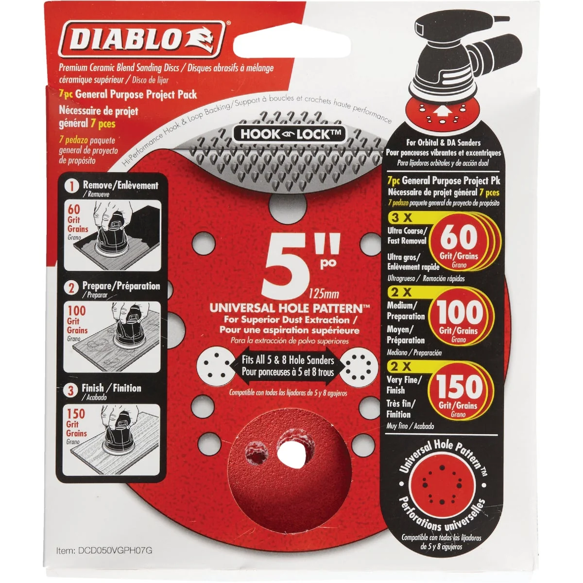 Top-Quality Diablo 5 In. Assorted 60 100 150-Grit Universal Hole Pattern Vented Sanding Disc with Hook and Lock Backing 7-Pack Optimized