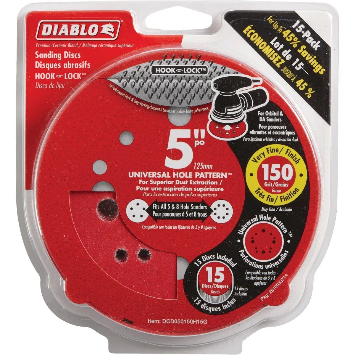 Authentic Diablo 5 In. 150-Grit Universal Hole Pattern Vented Sanding Disc with Hook and Lock Backing 15-Pack Durable