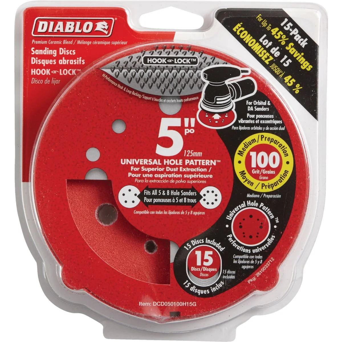 Soft Diablo 5 In. 100-Grit Universal Hole Pattern Vented Sanding Disc with Hook and Lock Backing 15-Pack Next-Generation