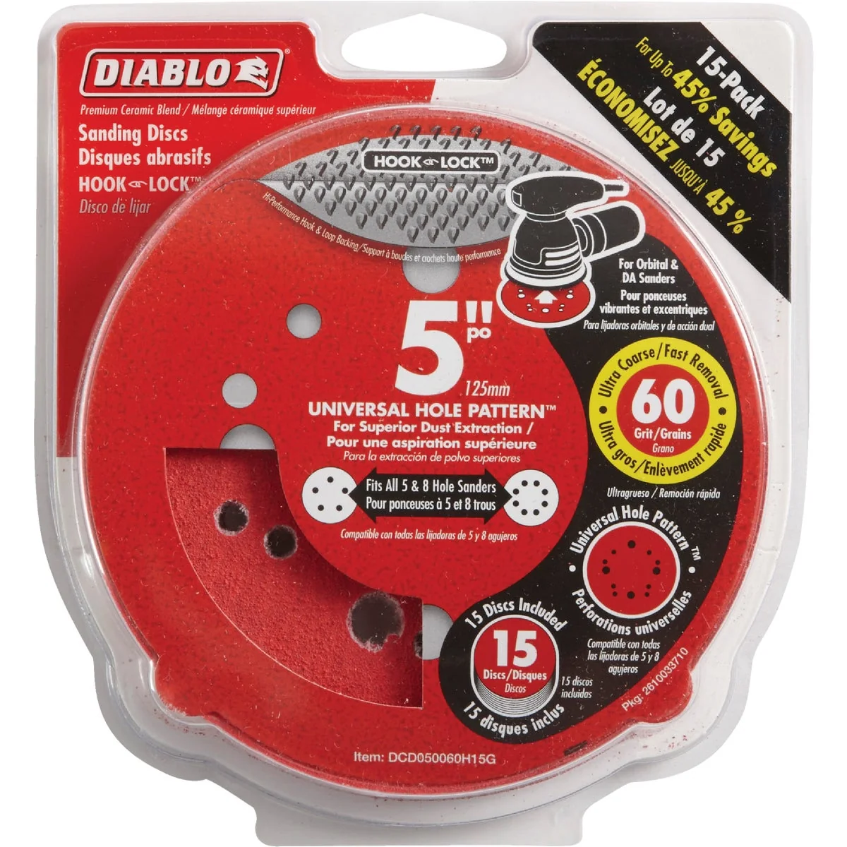 Carefully Designed Diablo 5 In. 60-Grit Universal Hole Pattern Vented Sanding Disc with Hook and Lock Backing 15-Pack Outstanding