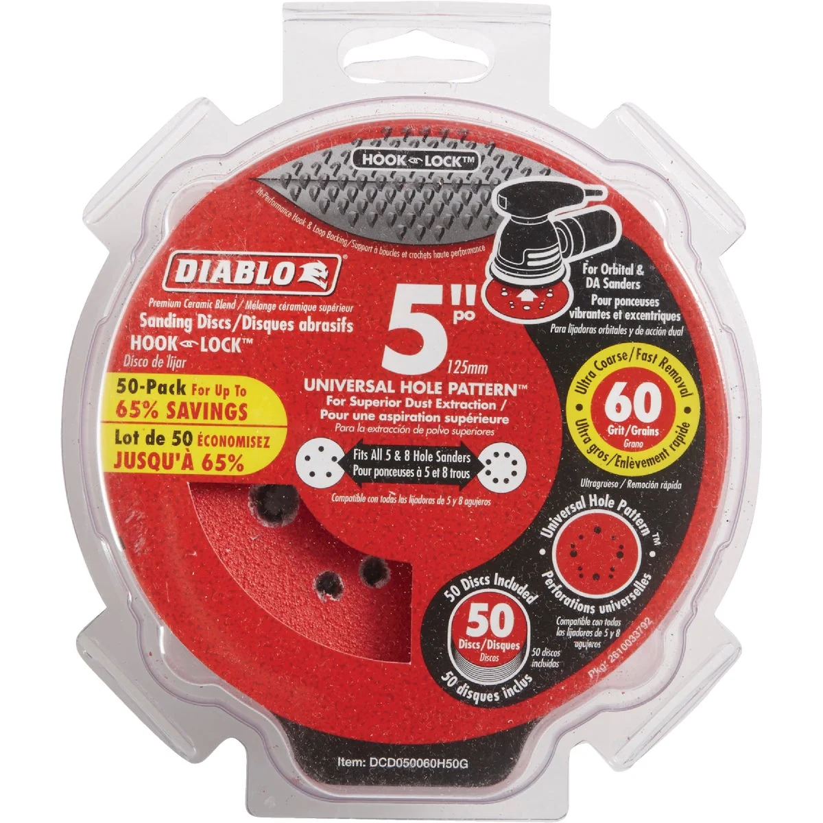 Elite Diablo 5 In. 60-Grit Universal Hole Pattern Vented Sanding Disc with Hook and Lock Backing 50-Pack High-Quality