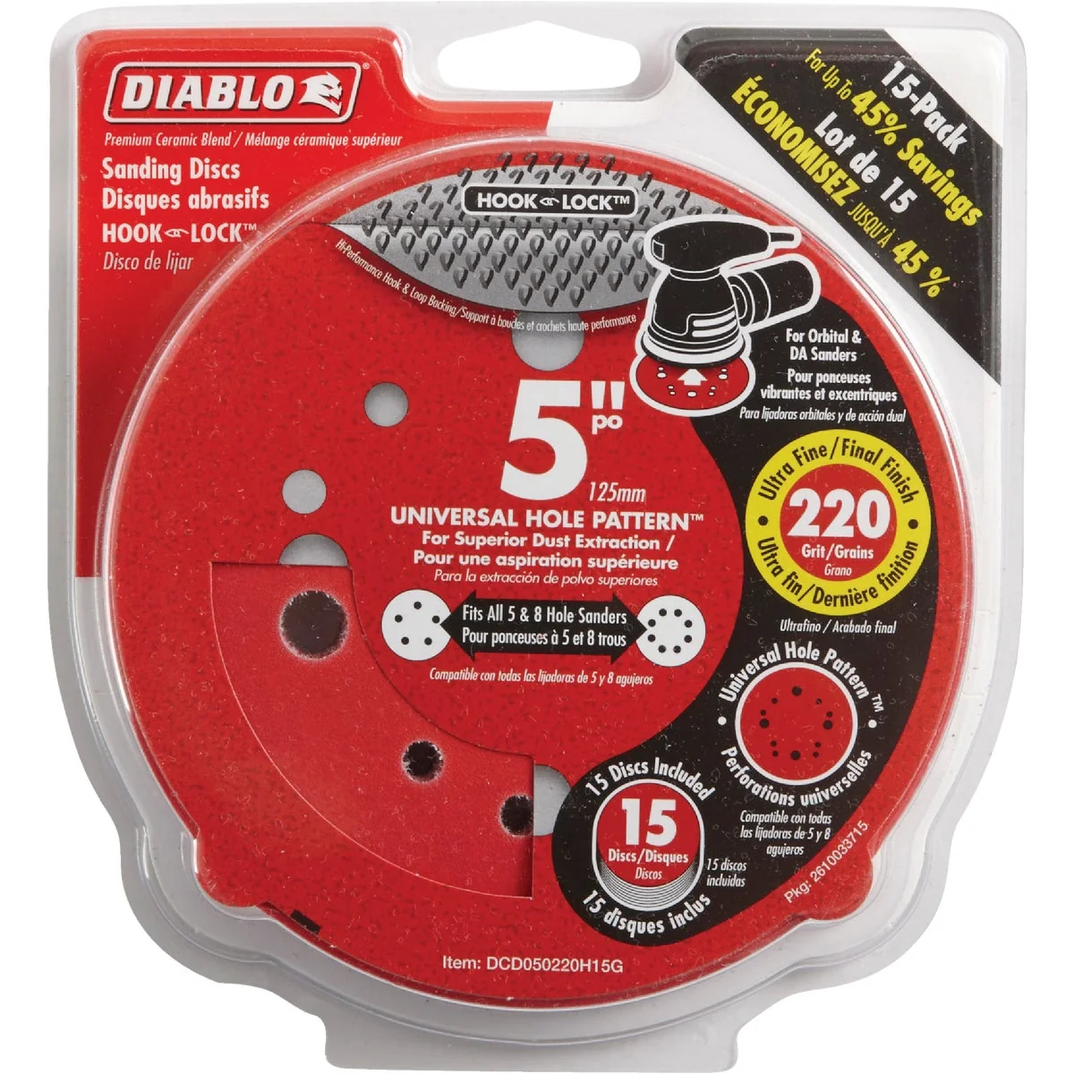 Carefully Designed Diablo 5 In. 220-Grit Universal Hole Pattern Vented Sanding Disc with Hook and Lock Backing 15-Pack Artisan