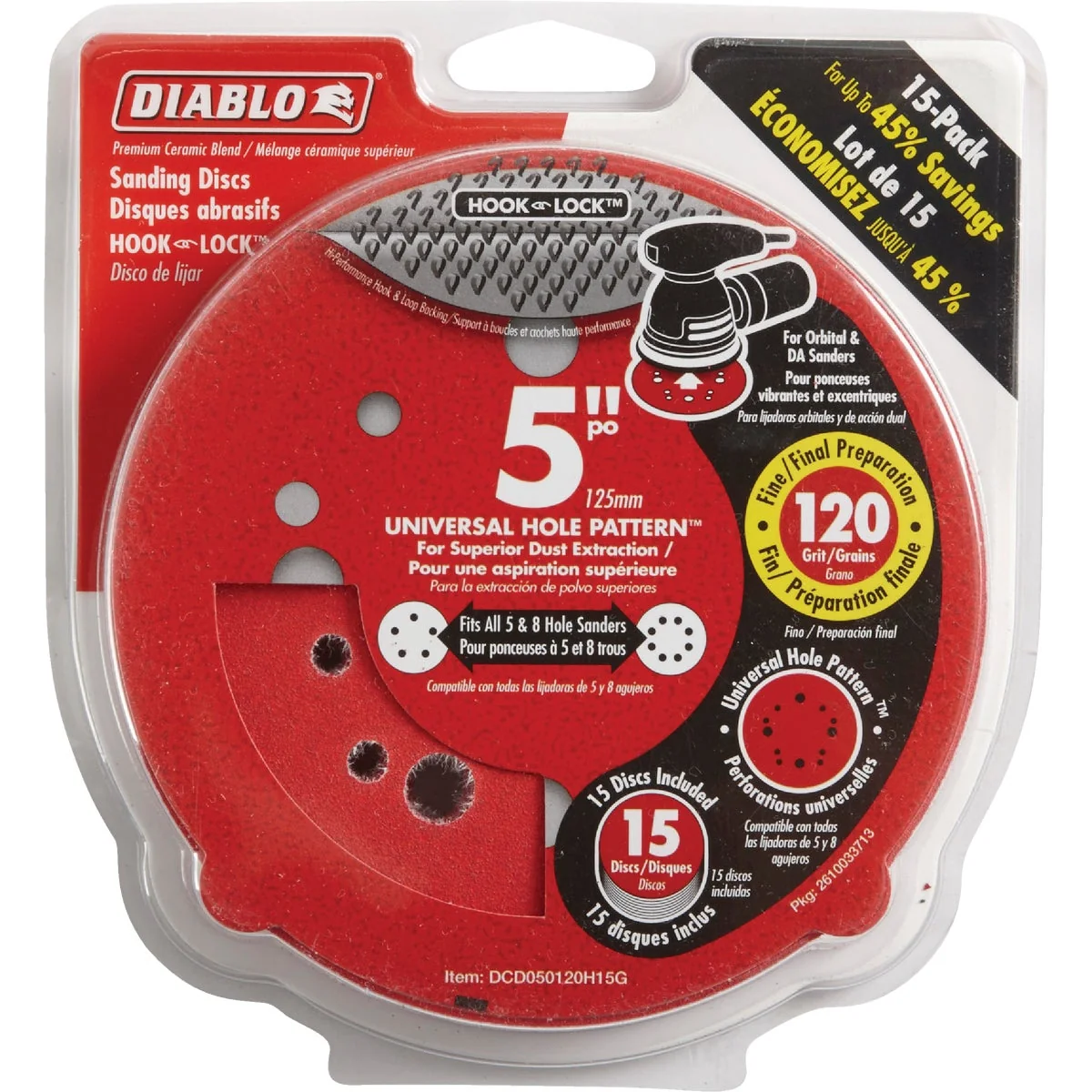 Prestigious Diablo 5 In. 120-Grit Universal Hole Pattern Vented Sanding Disc with Hook and Lock Backing 15-Pack Exceptional