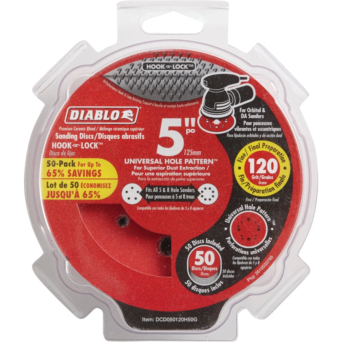 Eco-Friendly Diablo 5 In. 120-Grit Universal Hole Pattern Vented Sanding Disc with Hook and Lock Backing 50-Pack Reliable