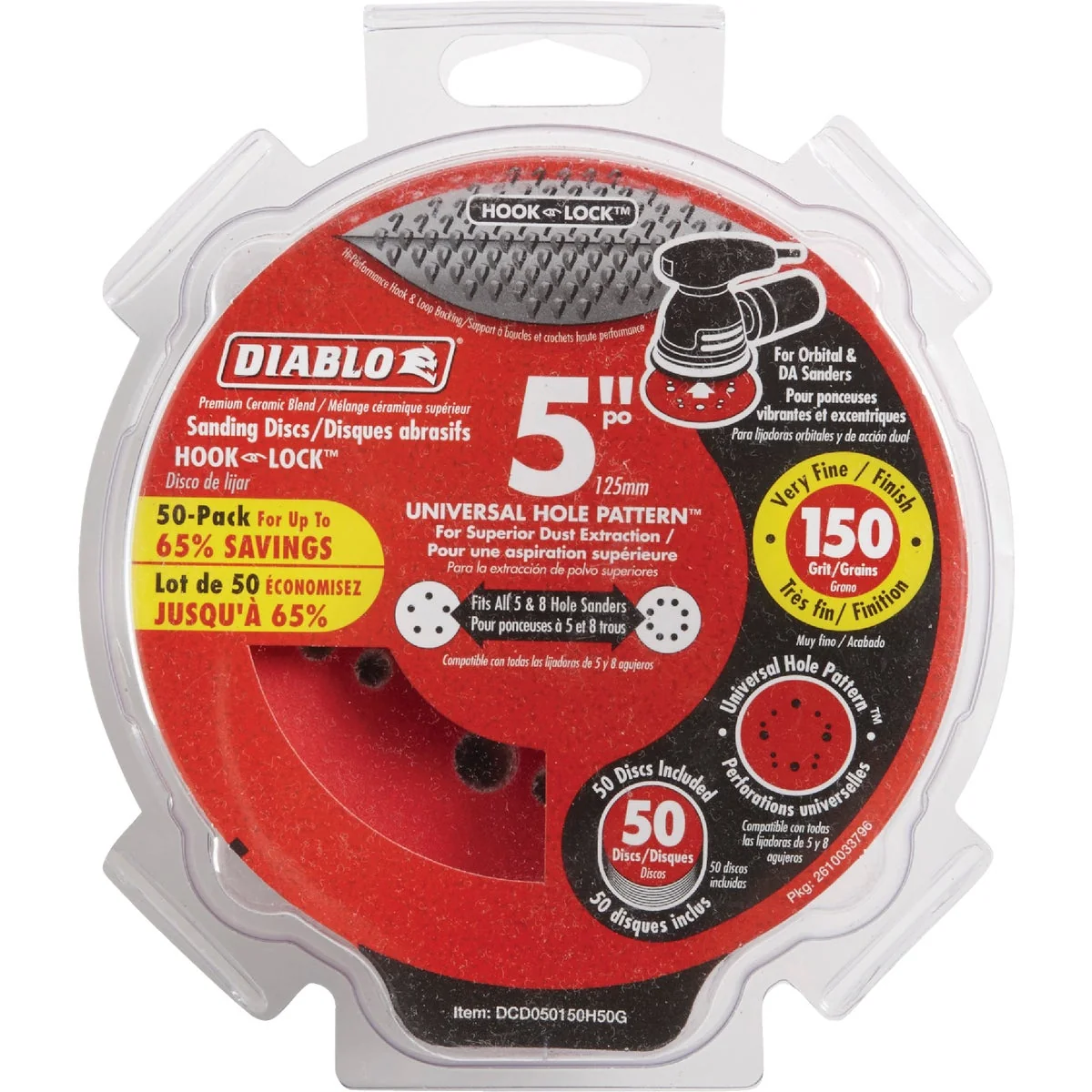 Refined Diablo 5 In. 150-Grit Universal Hole Pattern Vented Sanding Disc with Hook and Lock Backing 50-Pack High-Performance