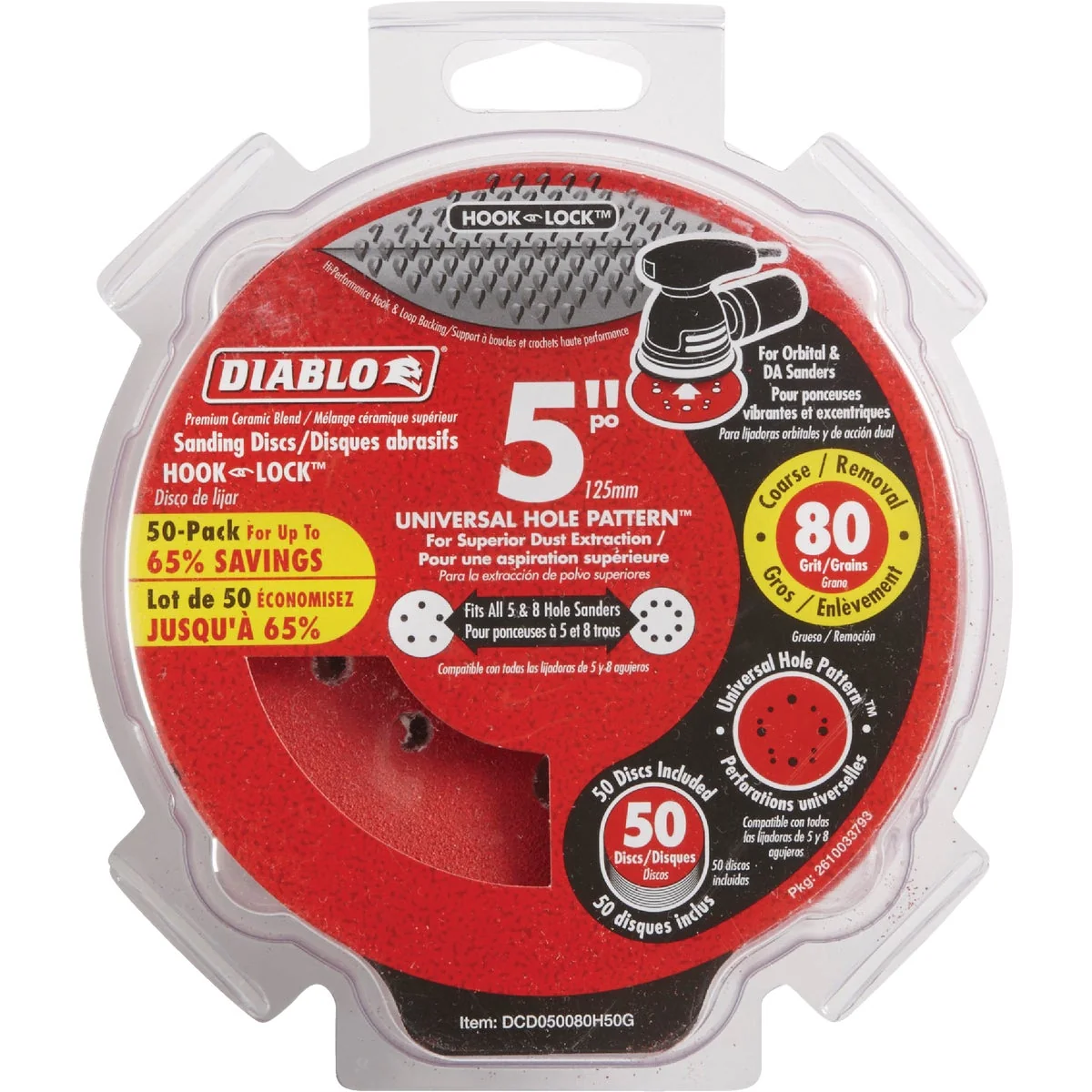 Stylish Diablo 5 In. 80-Grit Universal Hole Pattern Vented Sanding Disc with Hook and Lock Backing 50-Pack Consistent