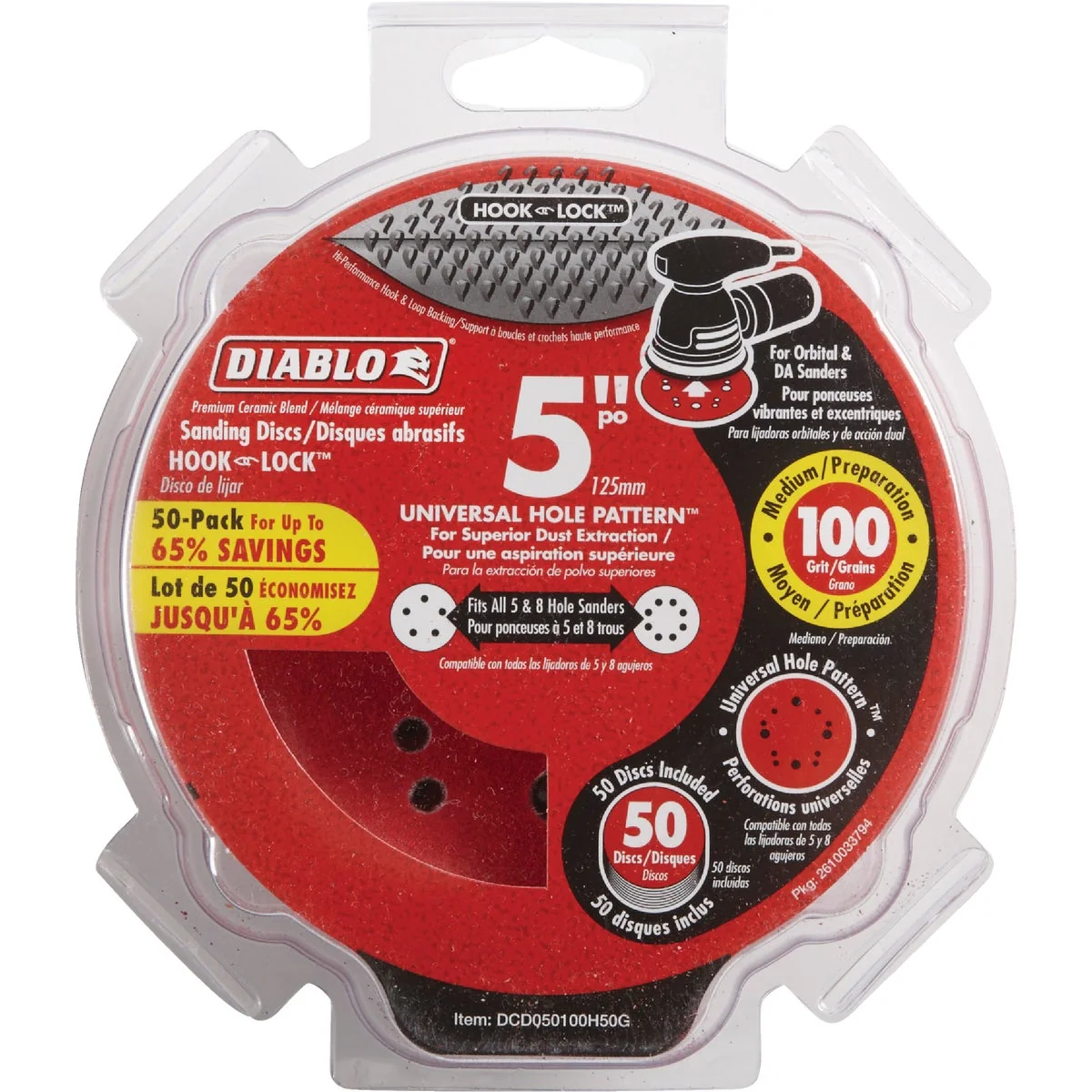 Outstanding Diablo 5 In. 100-Grit Universal Hole Pattern Vented Sanding Disc with Hook and Lock Backing 50-Pack Professional