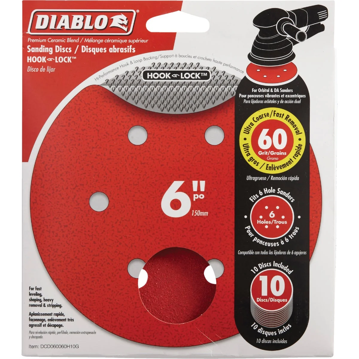 Easy-to-Use Diablo 6 In. 60-Grit 6-Hole Pattern Vented Sanding Disc with Hook and Lock Backing 10-Pack Premium