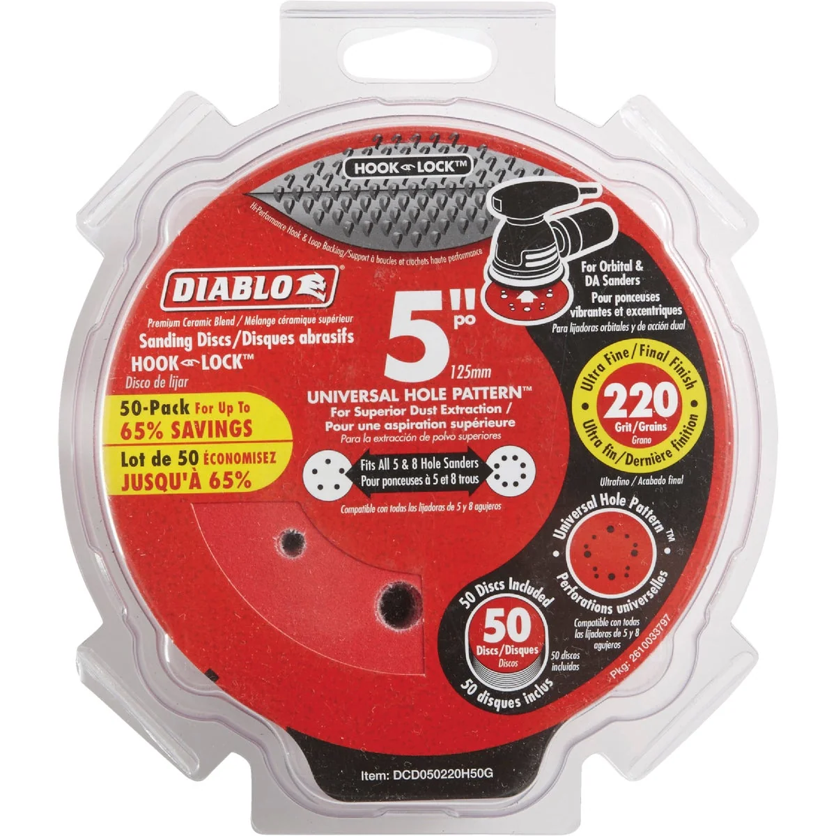 User-Friendly Diablo 5 In. 220-Grit Universal Hole Pattern Vented Sanding Disc with Hook and Lock Backing 50-Pack Smooth