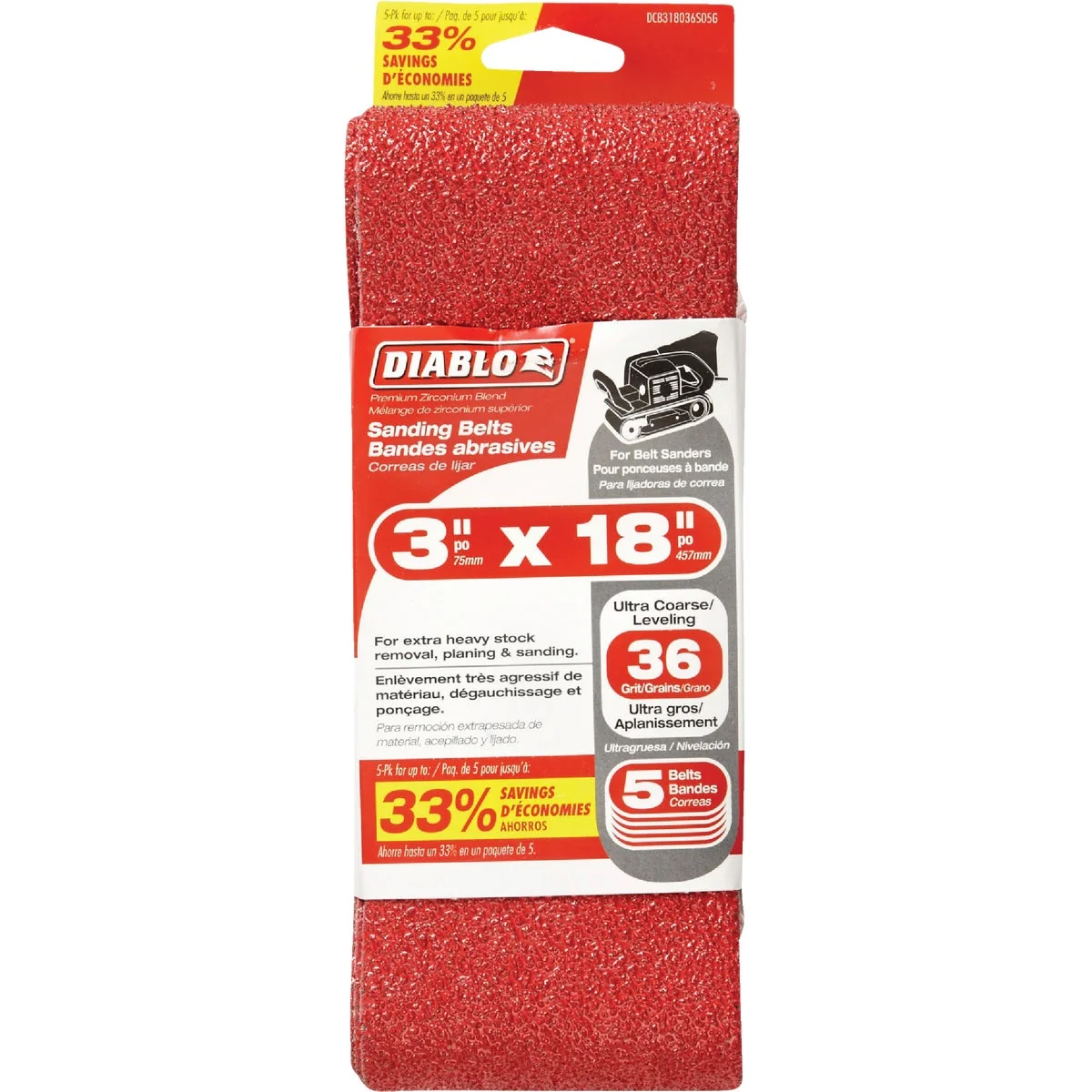 Classic Diablo 3 In. x 18 In. 36G Grit General Purpose Sanding Belt 5-Pack Natural