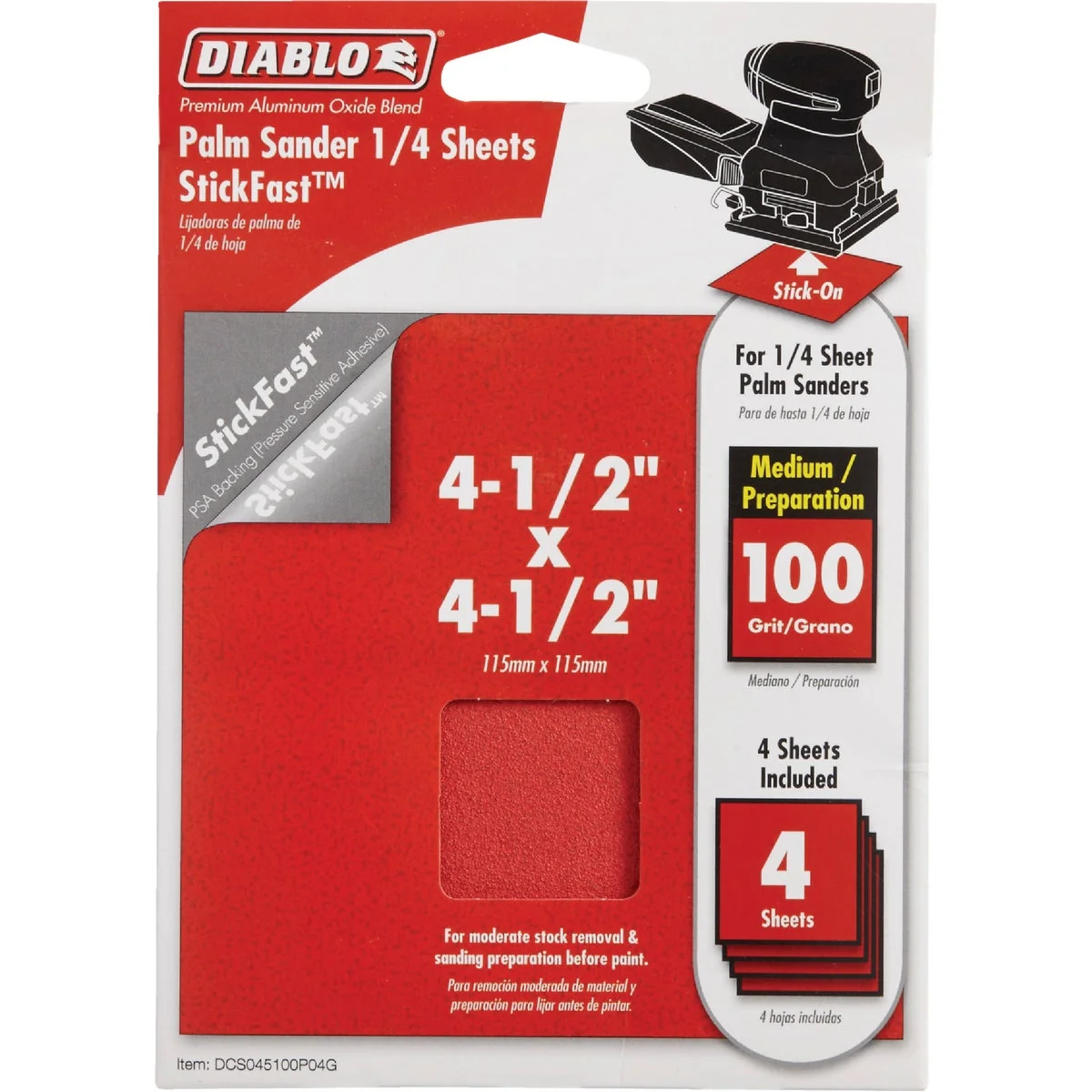 Original Diablo StickFast 100 Grit 4-1 2 In. x 4-1 2 In. 1 4 Sheet Palm Sander Power Sanding Sheet 4-Pack Verified