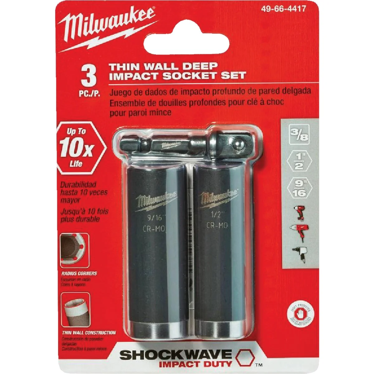 Safe Milwaukee SHOCKWAVE Standard 3 8 In. Adapter 1 2 In. 9 16 In. Drive 6-Point Thin Wall Deep Impact Driver Set 3-Piece Lightweight