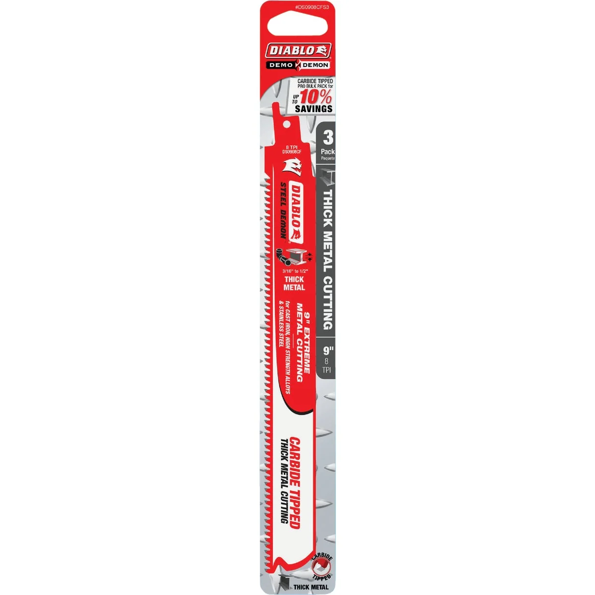 Environmentally Friendly Diablo Steel Demon 9 In. 8 TPI Carbide Thick Metal Reciprocating Saw Blade 3-Pack Versatile