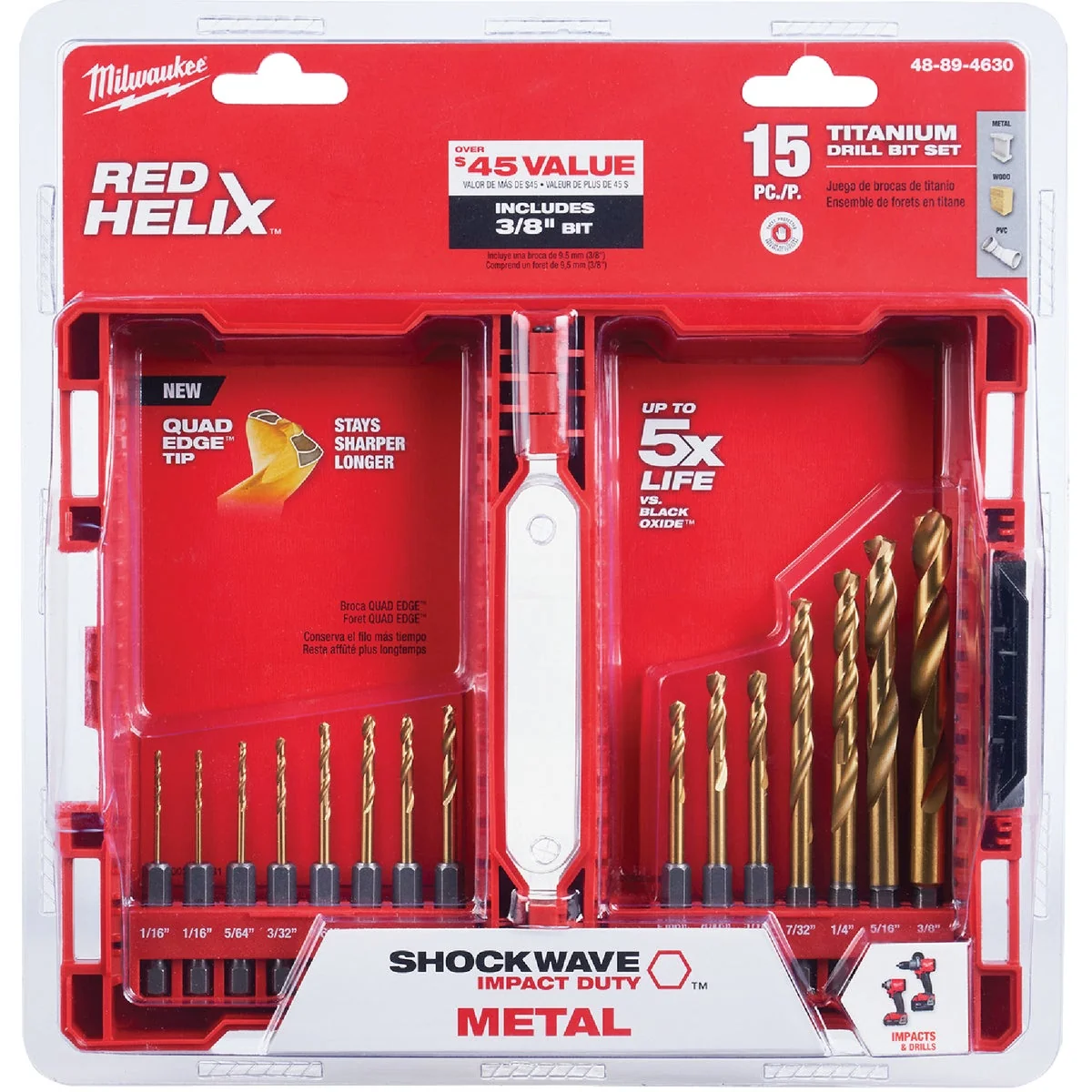 Green Milwaukee Shockwave 15-Piece Impact Duty Titanium Hex Shank Drill Bit Set 1 16 In. thru 3 8 In. User-Friendly