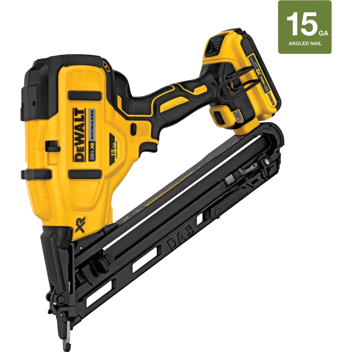 Artisan DeWalt 20 Volt MAX XR Lithium-Ion Brushless 15-Gauge 2-1 2 In. Angled Cordless Finish Nailer Kit Relaxed