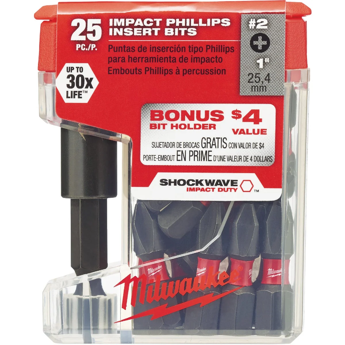 Exclusive Milwaukee Shockwave 2 Insert Impact Screwdriver Bit with Magnetic Holder 25-Pack Pure