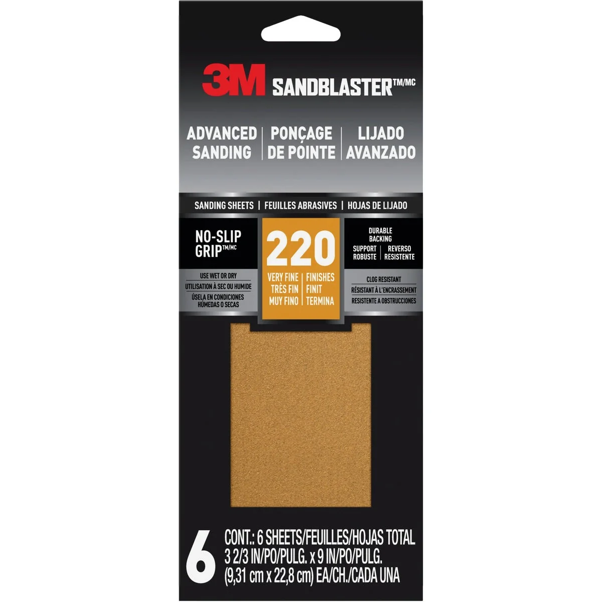 High-End 3M SandBlaster No Slip Grip Backing 3-2 3 In. x 9 In. 220 Grit Fine Sandpaper 6-Pack Elite