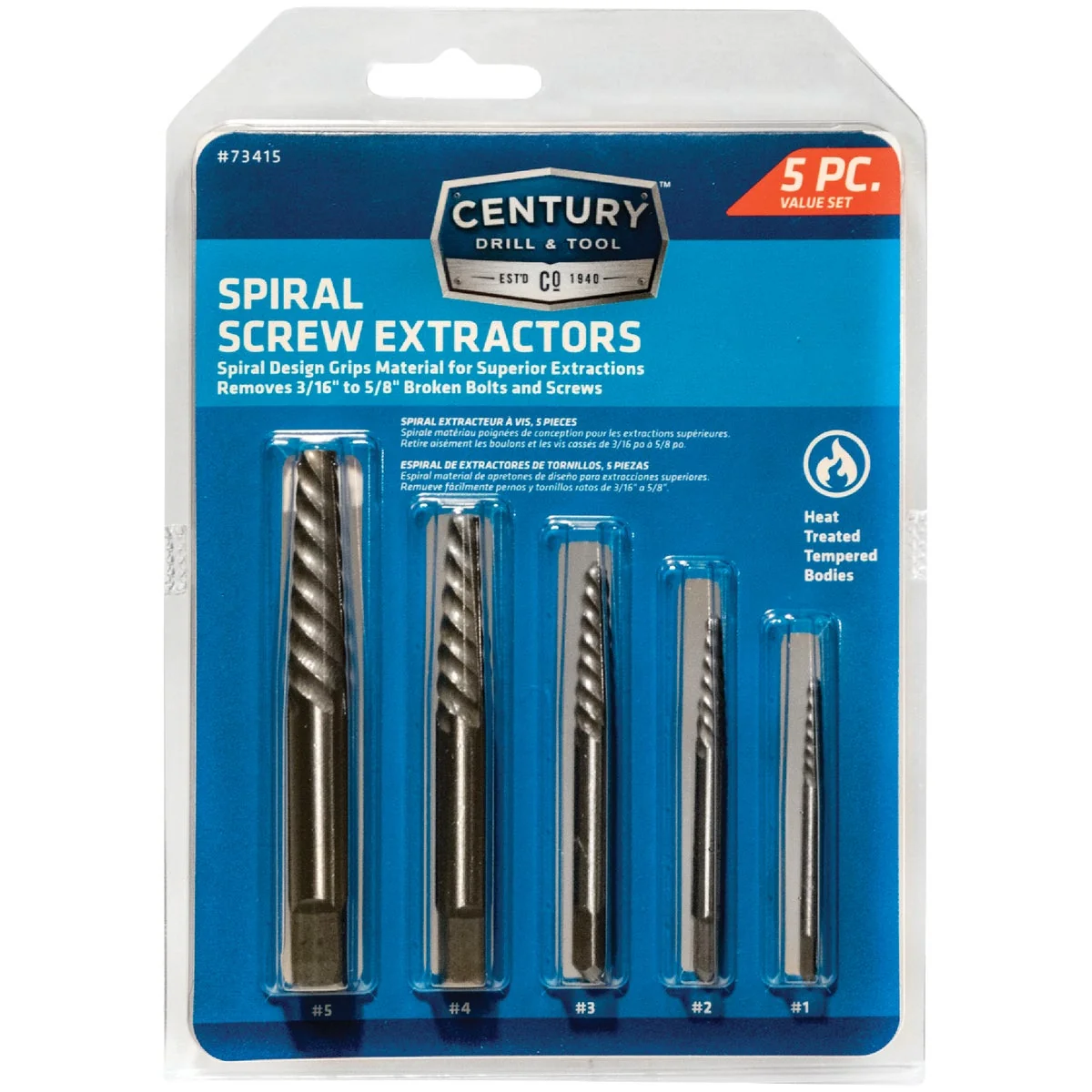 Original Century Drill Tool Spiral Flute Screw Extractor 5-Piece High-Performance