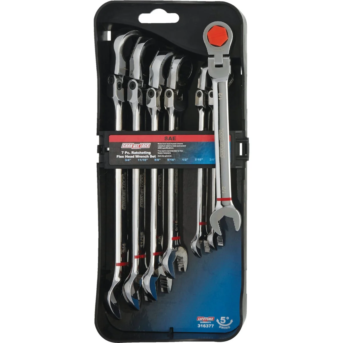 Professional Channellock Standard 12-Point Flex Head Ratcheting Combination Wrench Set 7-Piece Environmentally Friendly