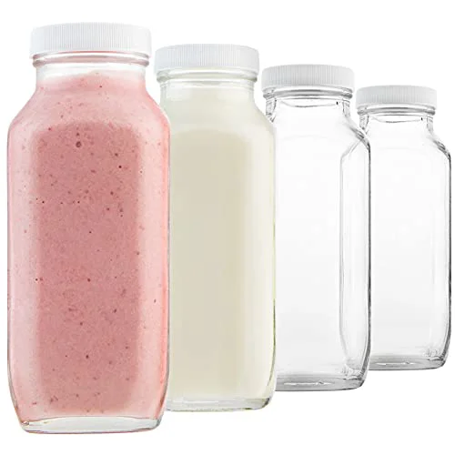 Fine Crafted 16oz Glass Milk Bottles with Lids 4 Count Authentic