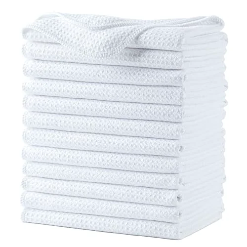 Solid 340 GSM Microfiber Waffle Kitchen Dish Tea Towel 12 Count Lightweight