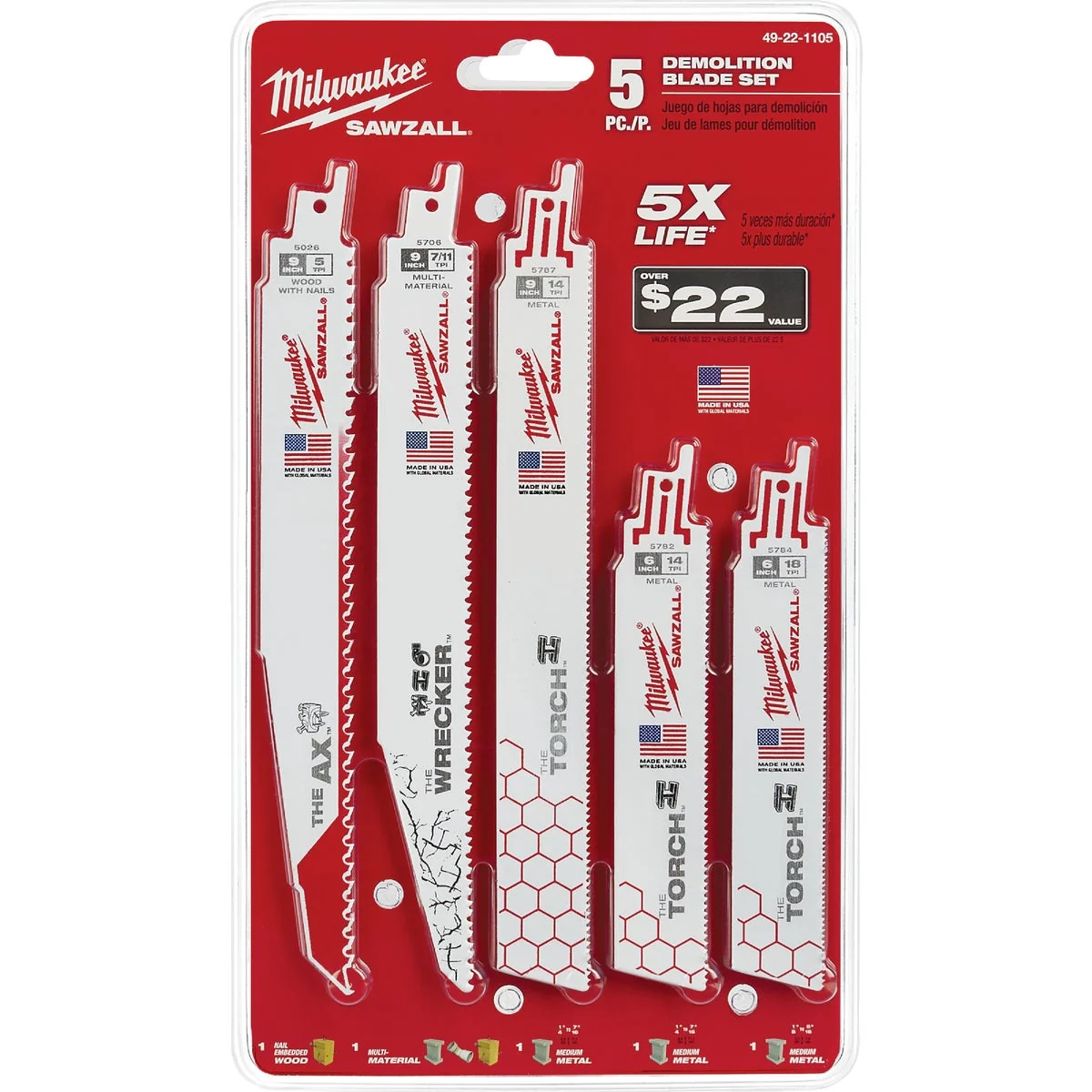 Premium Material Milwaukee Sawzall 5-Piece Demolition Reciprocating Saw Blade Set Efficient