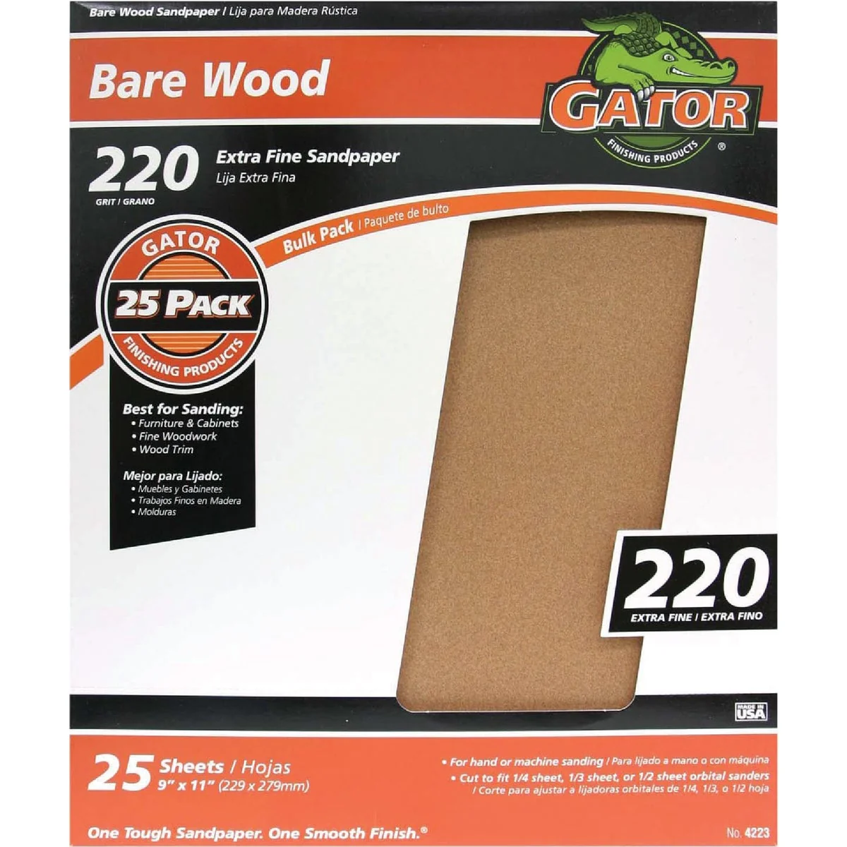 Certified Gator Bare Wood 9 In. x 11 In.. 220 Grit Extra Fine Sandpaper 25-Pack Original