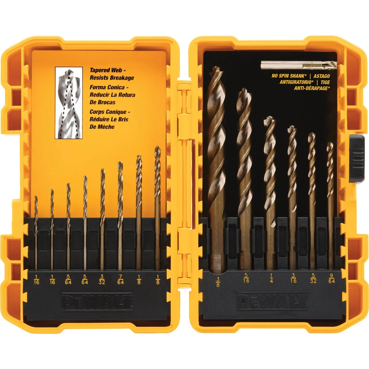 Unique DeWalt 14-Piece Gold Ferrous Oxide Pilot Point General Purpose Drill Bit Set 1 16 In. thru 3 8 In. Selected