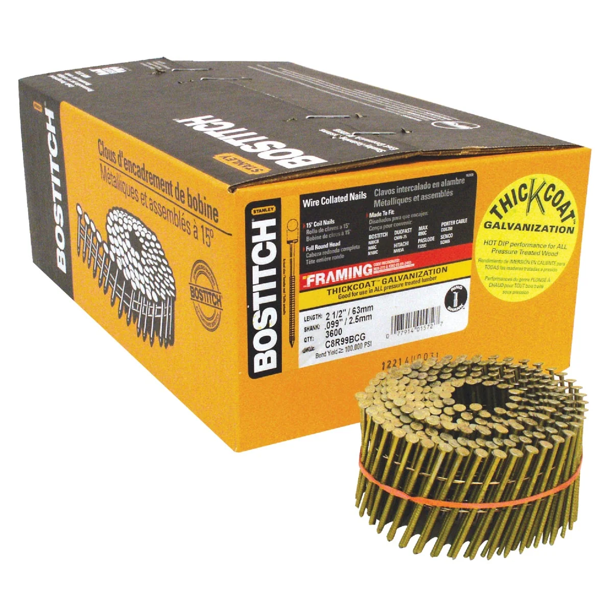 Original Bostitch 15 Degree Wire Weld Galvanized Coil Framing Nail 2-1 2 In. x .099 In. 3600 Ct. Official