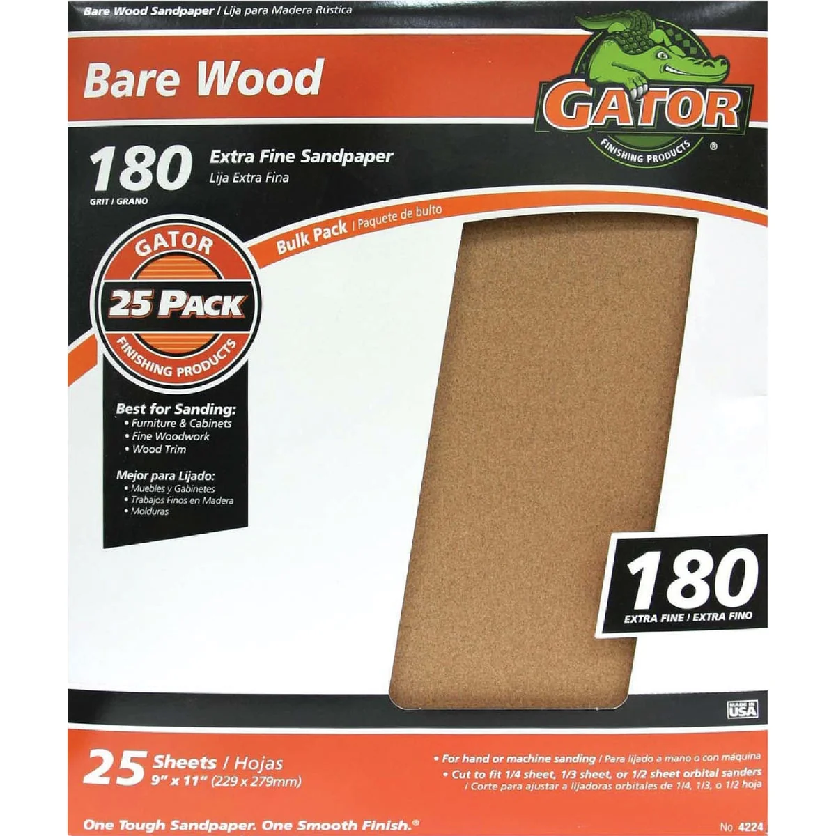Refined Gator Bare Wood 9 In. x 11 In. 180 Grit Extra Fine Sandpaper 25-Pack Excellent