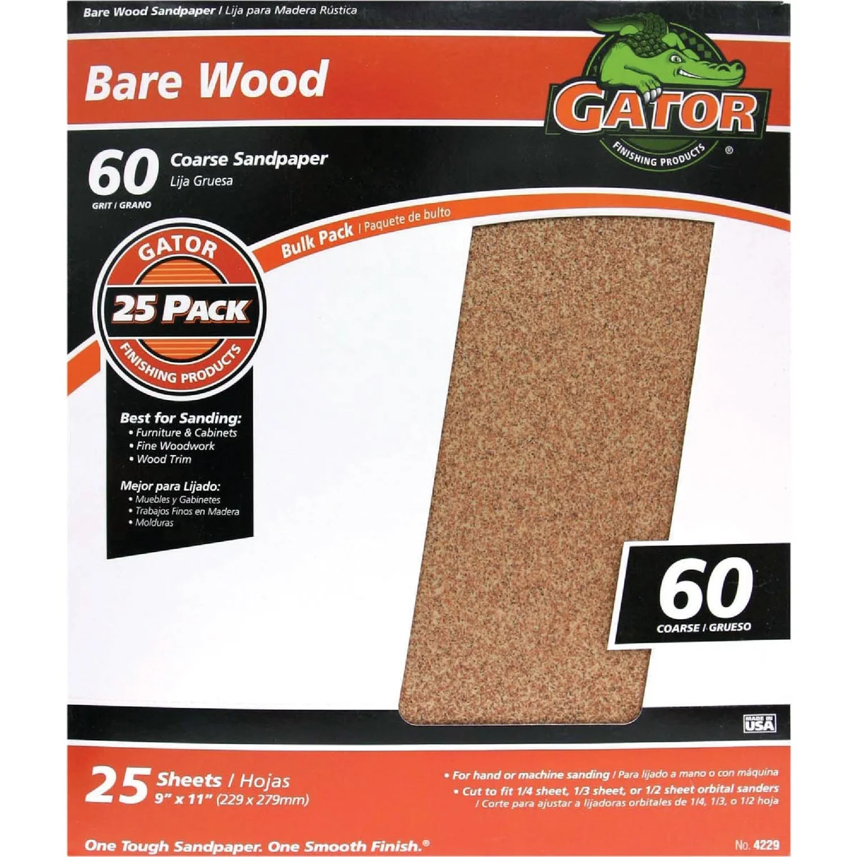 Efficient Gator Bare Wood 9 In. x 11 In. 60 Grit Coarse Sandpaper 25-Pack Comfortable