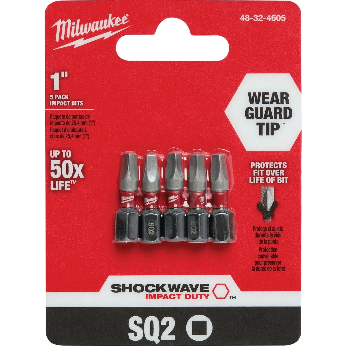 Premium Material Milwaukee Shockwave 2 Square Recess 1 In. Insert Impact Screwdriver Bit 5-Pack Pure