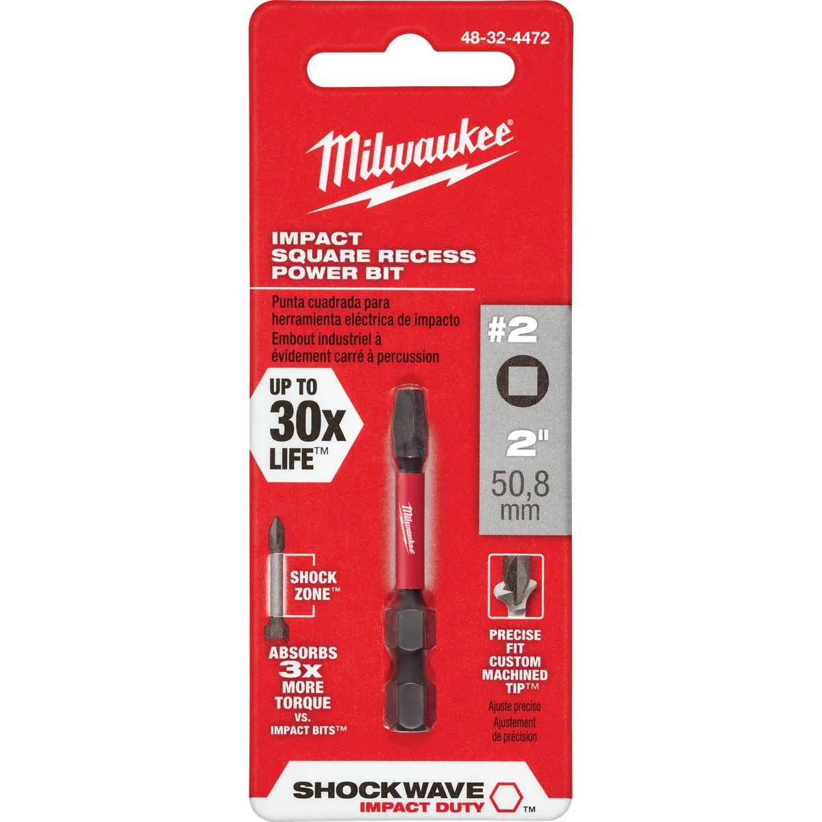 Original Design Milwaukee Shockwave 2 Square Recess 2 In. Power Impact Screwdriver Bit Pure