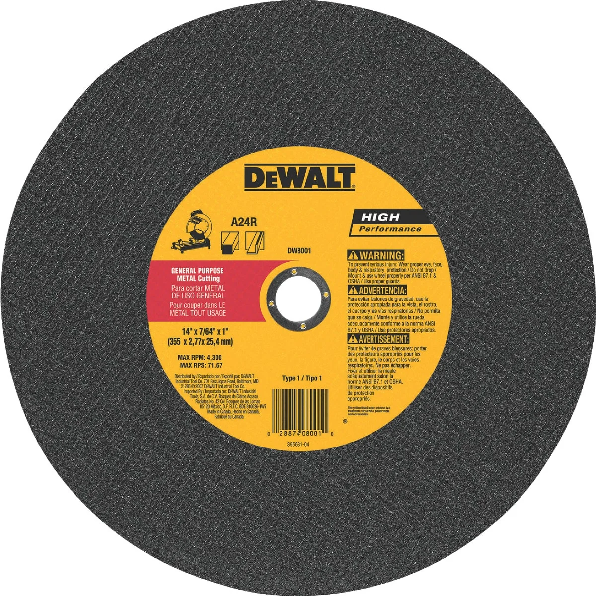 Premium Material DeWalt HP Type 1 14 In. x 7 64 In. x 1 In. Metal Cut-Off Wheel Original