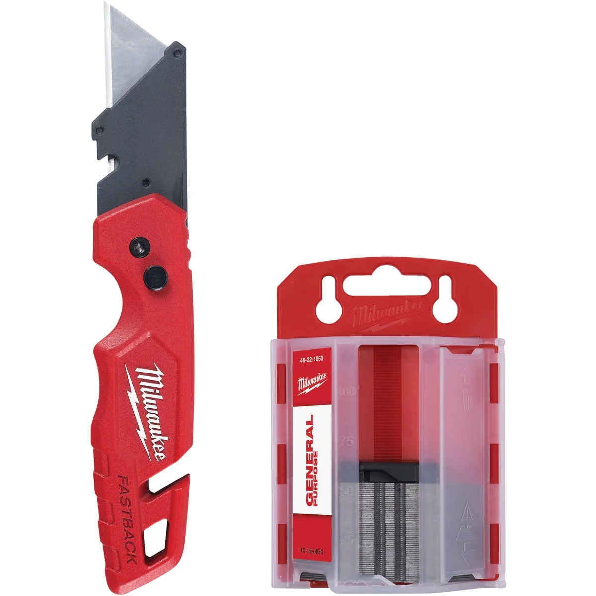 Prestigious Milwaukee FASTBACK Folding Utility Knife w Storage and 50-Piece General Purpose Blades Trusted