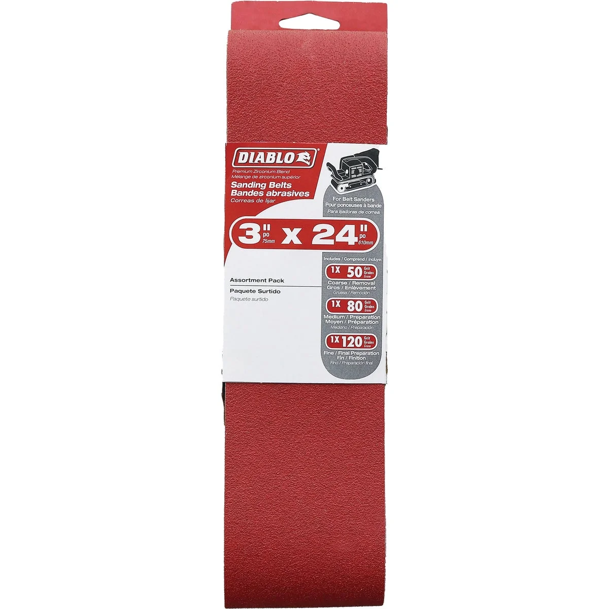 World-Class Diablo 3 In. x 24 In. 50 80 120 Grit General Purpose Sanding Belt 3-Pack Natural