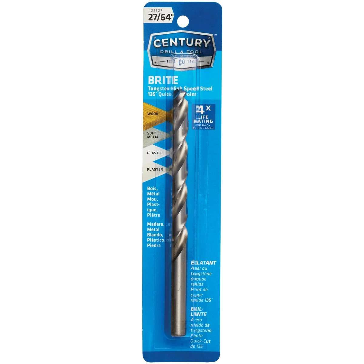 Clean Century Drill Tool 27 64 In. Tungsten High Speed Steel Quick-Cut Point Brite Drill Bit Specialty