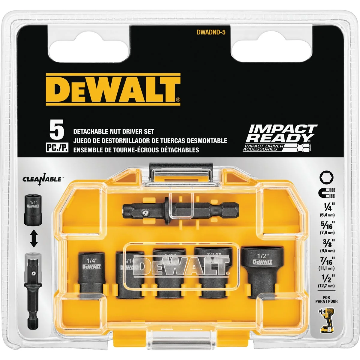 Traditional DeWalt Impact Ready 5-Piece Cleanable Magnetic Nutdriver Bit Set Recyclable