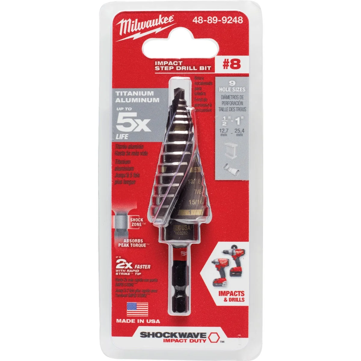 Certified Milwaukee Shockwave Impact Duty 1 8 In. - 1 In. 8 Step Drill Bit 9 Steps Unique