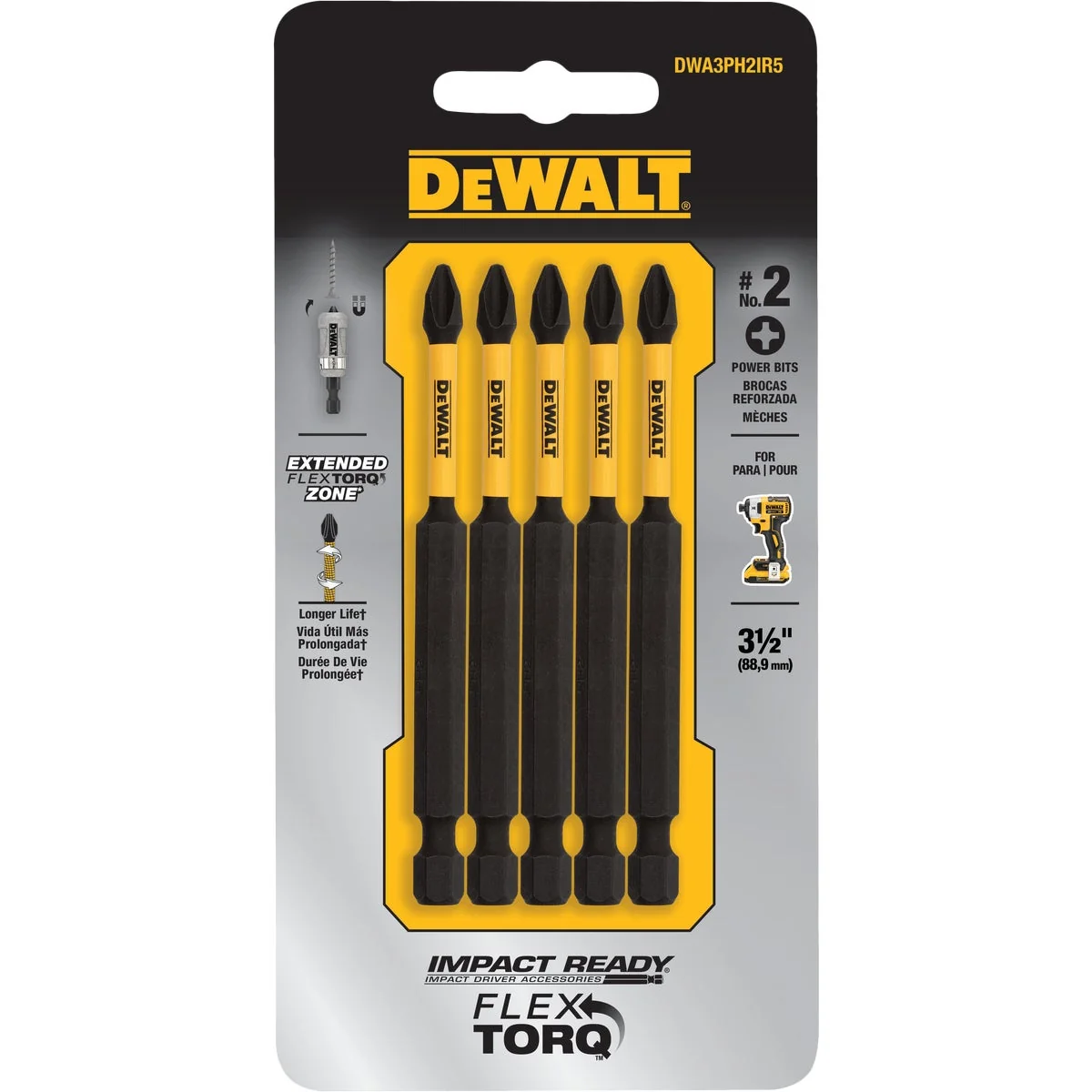 Lightweight DeWalt FlexTorq 3-1 2 In. 2 Phillips Power Impact Screwdriving Bit 5-Pack World-Class