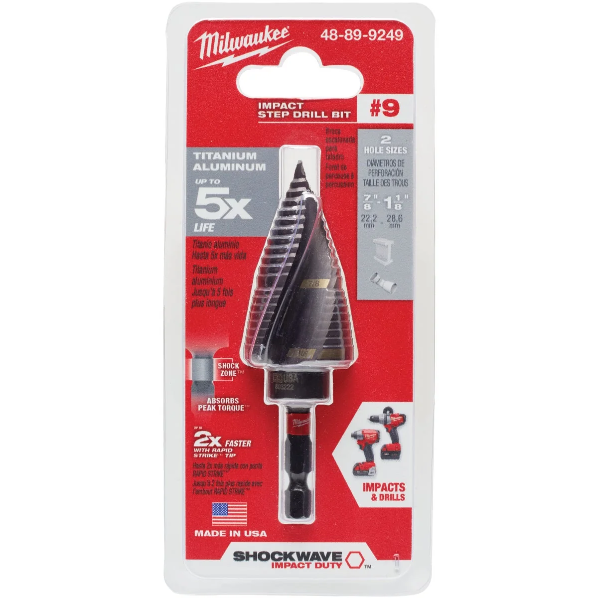 Relaxed Milwaukee Shockwave Impact Duty 7 8 In. - 1-1 8 In. 9 Step Drill Bit 2 Steps Reusable