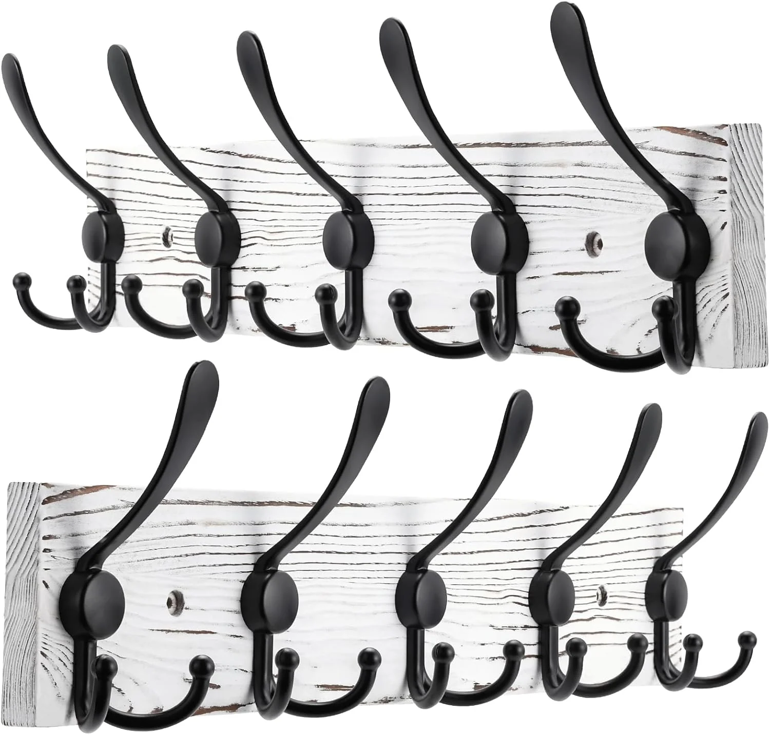 Artisan 2pcs Coat Rack Wall Mount Wooden Hat Rack for Wall Hooks Pine Wood Plank 16.9 Old White Coat Hanger with 5 Black Triple Hooks for Hanging Coat Hat Jacket Sustainable