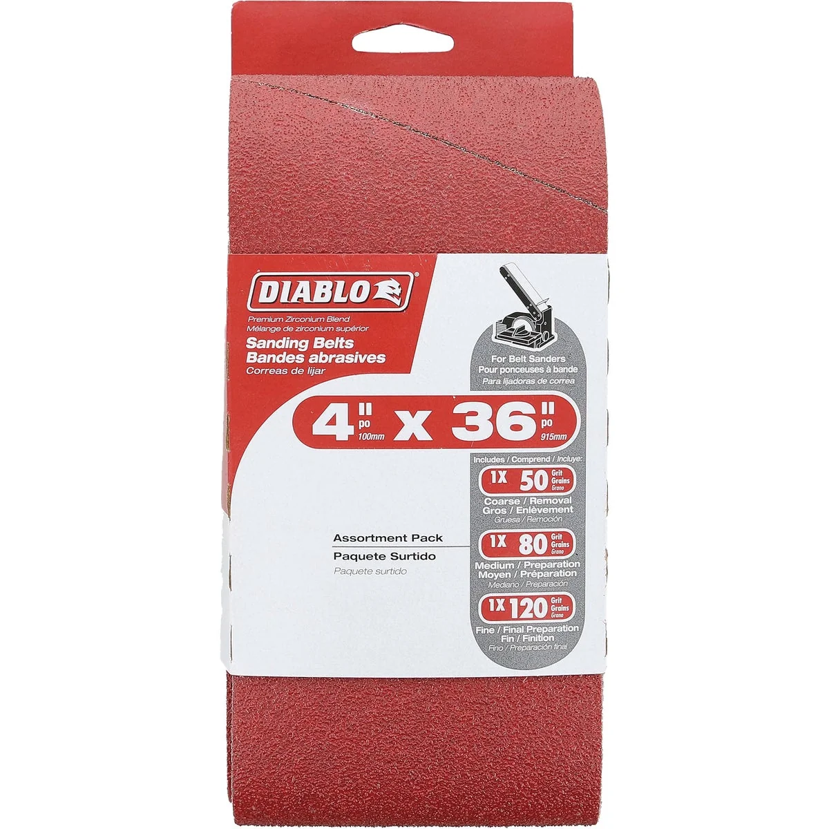 Versatile Diablo 4 In. x 36 In. 50 80 120 Grit General Purpose Sanding Belt 3-Pack Excellent