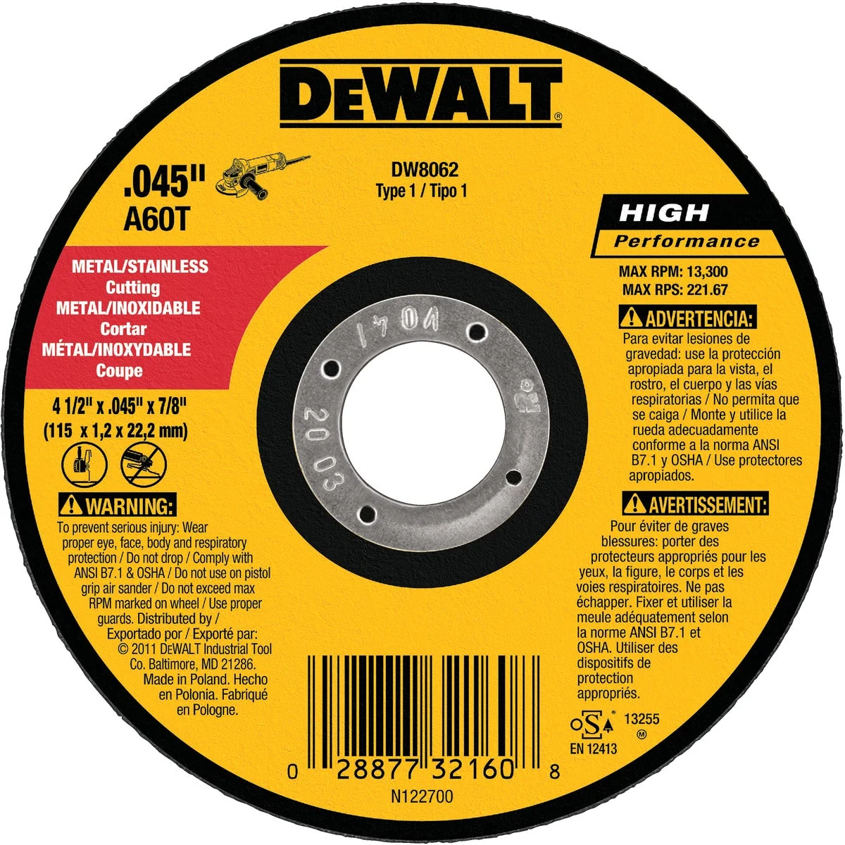 Top-Quality DeWalt HP Type 1 4-1 2 In. x 0.045 In. x 7 8 In. Metal Stainless Cut-Off Wheel 5-Pack Soft